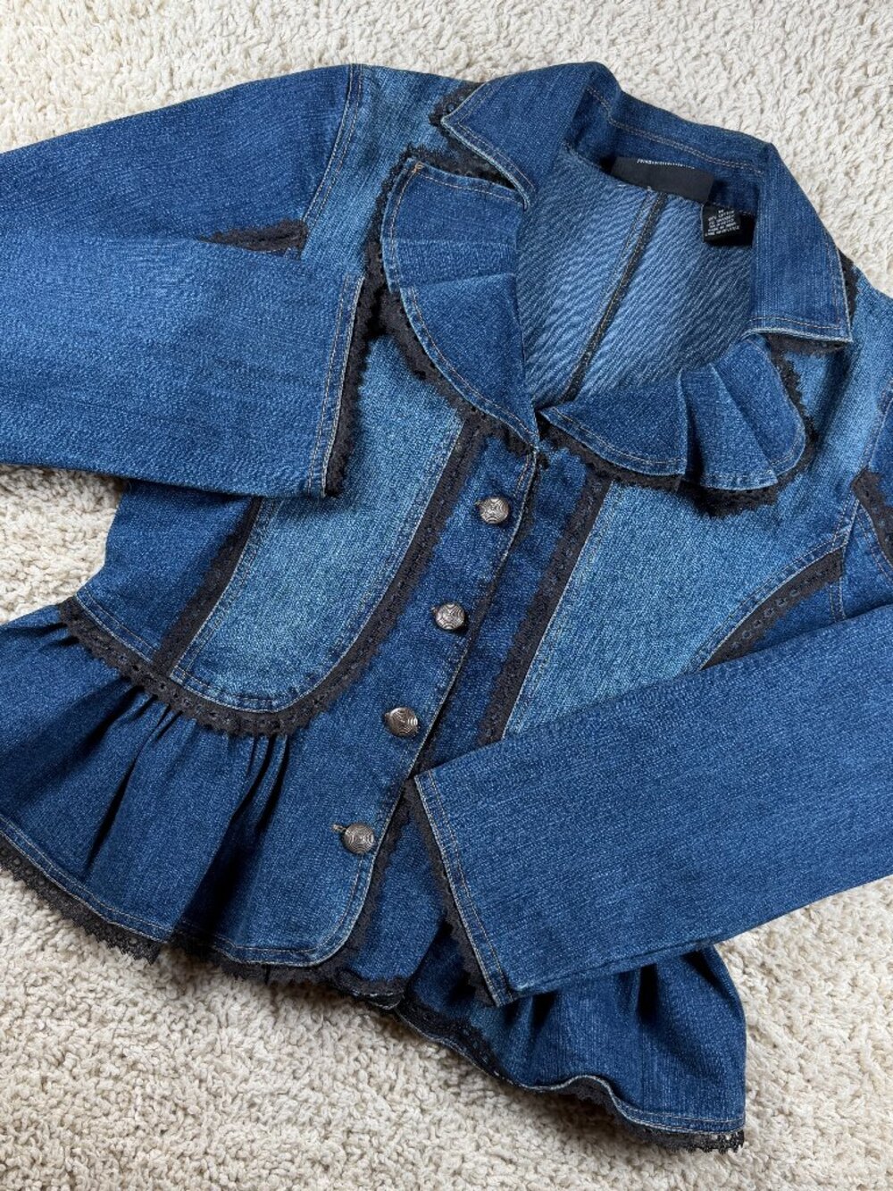 The Pyramid Collection Denim Ruffle Peplum Lace Jacket Women’s M Blue